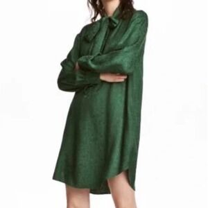 H&M Green Jacquard Tie Neck Dress Long Sleeve Bow Emerald 0541917 6 Size 12